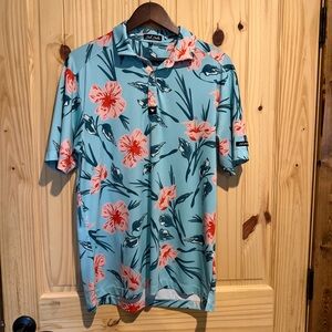 Bad Birdie Floral Golf Polo in Blue and Coral Men’s Size Medium